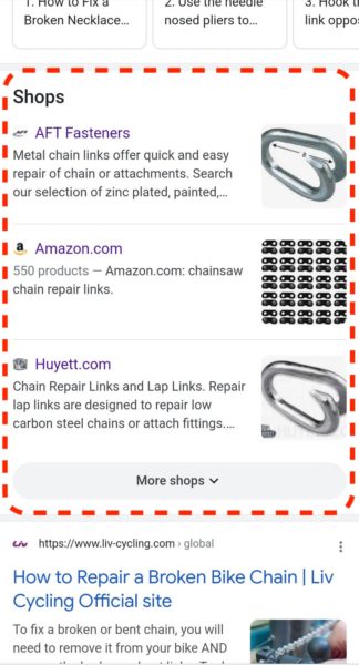 The Shops section in Google's mobile search results. 